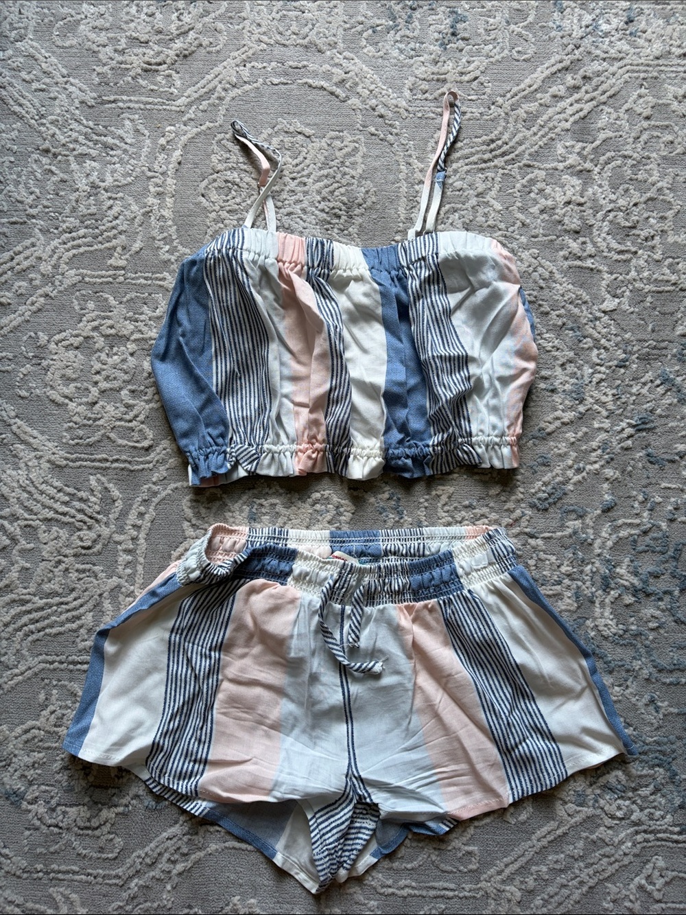 Vintage Havana Blue, Pink & White Striped Kids Athletic Shorts Set